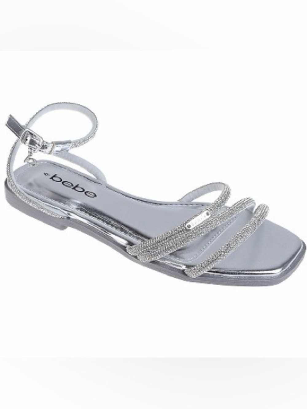 bebe Silver Metallic Sparkle Rhinestone Strappy Flat Sandals, Sz 8 NIB